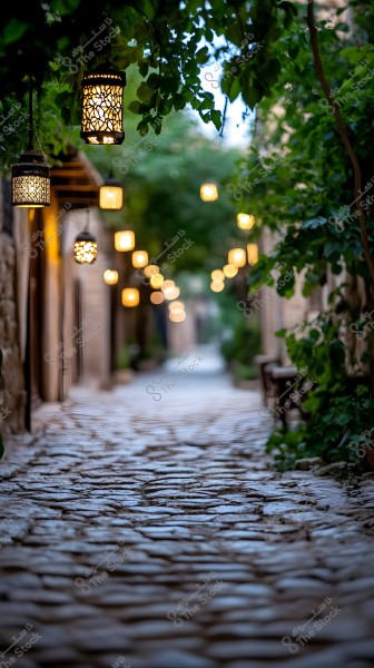 A narrow cobblestone alleyway lined with historic buildings and dense green trees. Ornate lanterns hang from above, emitting warm light and creating a magical atmosphere on the path in the evening.