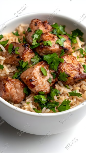 An image of a bowl of white rice topped with grilled meat pieces, garnished with fresh green cilantro leaves. The grilled meat has a golden-brown color, giving it an appetizing and appealing look.