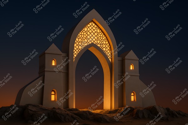 An image of an architectural structure resembling a large gateway in the desert at sunset. The structure features a large arch illuminated with glowing geometric patterns in orange. On either side, there are small towers with windows lit in the same color. The background includes a dark sky with gradients of blue to orange.