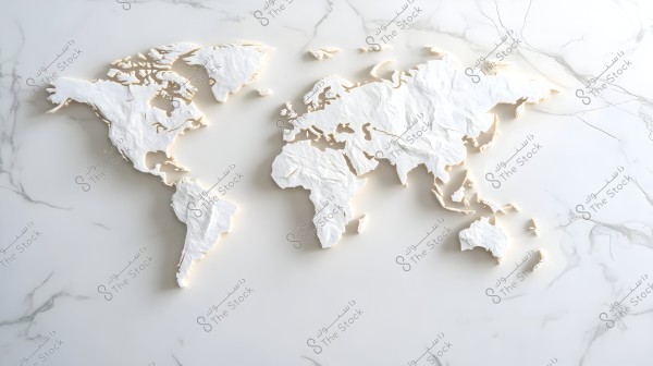 A world map made from crumpled paper on a white marble background. The primary colors are white and light gray, adding a tactile dimension and artistic pattern to the image.