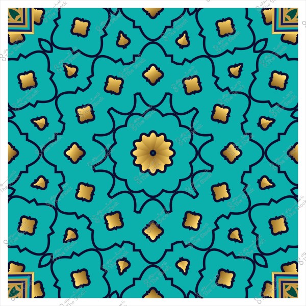تصميم زخرفي إسلامي بألوان زرقاء وذهبية مع نمط متكرر ومعقد.
