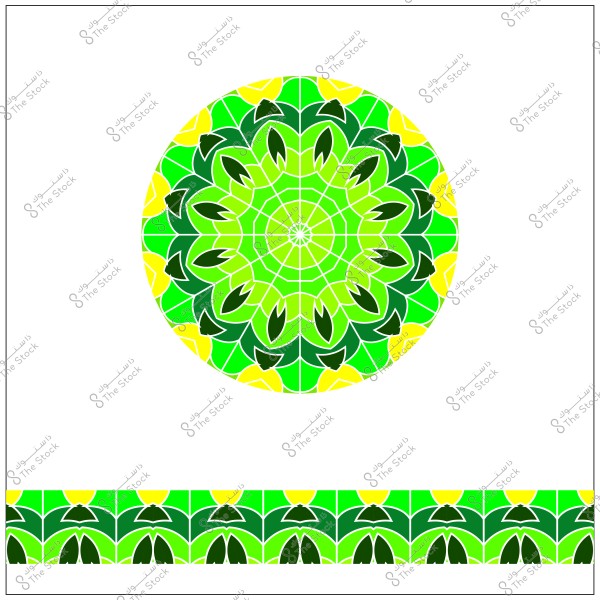 تصميم ذو نمط دائري متماثل بألوان خضراء وصفراء يحتوي على أشكال هندسية مستوحاة من الزخارف الإسلامية التقليدية, مع شريط زخرفي مماثل في الأسفل.