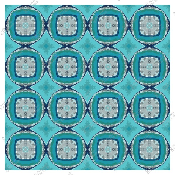 نمط زخرفي متكرر بأشكال دائرية وخطوط زرقاء وتركواز على خلفية فاتحة.