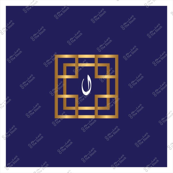 تصميم زخرفي باللون الذهبي مع شكل يشبه الحرف العربي "ن" على خلفية زرقاء داكنة.