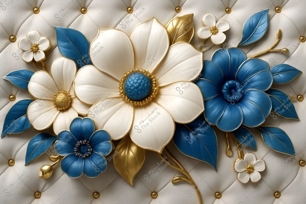 An image showcasing a 3D design of white and blue flowers with golden details. The flowers are set against a tufted beige background with small golden embellishments. The design gives a classic and luxurious feel, with a variety of flower sizes and leaf shapes.