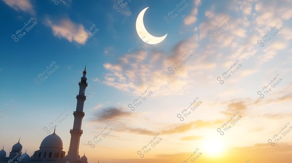 صورة لمسجد يظهر فيه مئذنة وقباب بيضاء تحت سماء زرقاء مزينة ببعض الغيوم المنتشرة. يظهر الهلال في السماء بينما الشمس تغرب في الأفق مما يضفي ألواناً دافئة على السماء.