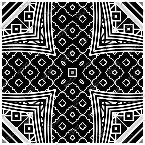 نقش زخرفي بتصميم هندسي باللونين الأسود والأبيض يعكس الطراز الإسلامي التقليدي.