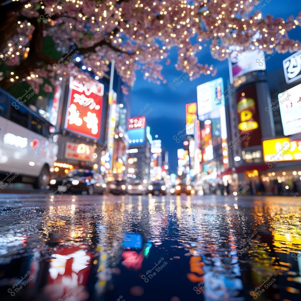 Night view of a bustling urban street, illuminated with bright neon lights and colorful advertisements. Various advertising signs appear above shopfronts, with the lights reflecting on a wet road surface. Sparkling cherry blossoms appear at the top, adding a beautiful touch to the night scene.