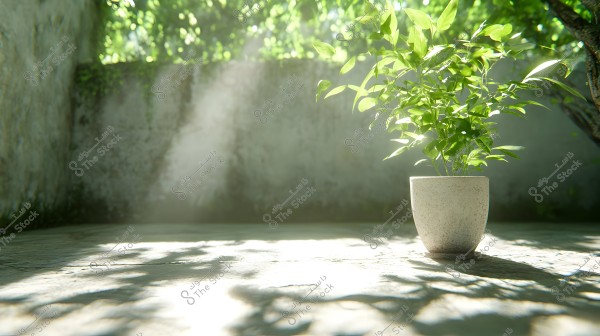 An image of a green plant in a small concrete pot placed in a sunlit courtyard. The green shadows are clearly cast on the concrete floor, while the background walls are covered with dense green foliage.