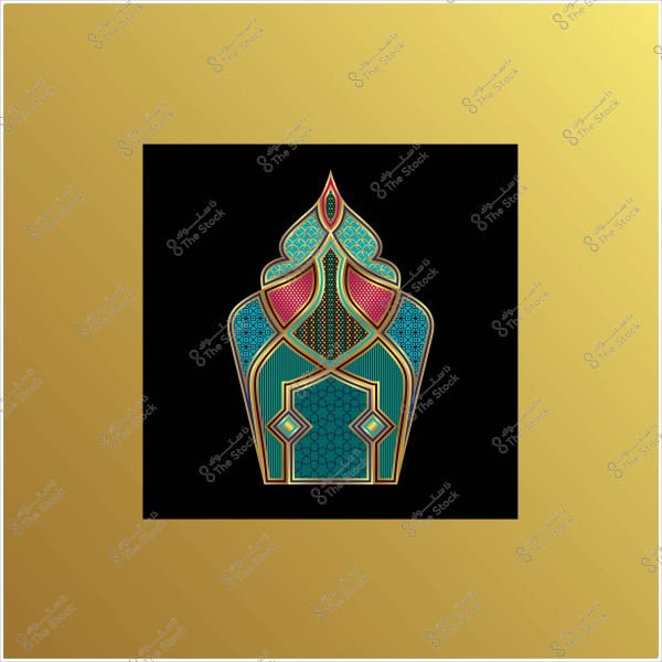 تصميم زخرفي مزخرف بألوان ذهبية وزرقاء وحمراء وخضراء مع خلفية سوداء وإطار ذهبي.