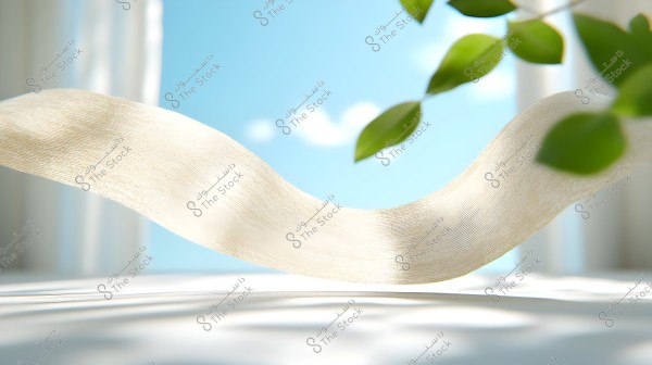 An image showing a piece of sheer ivory-colored fabric gently floating against a backdrop of clear blue sky with soft clouds in the horizon. Green plant leaves appear on the sides, adding a touch of nature and vibrancy to the scene.
