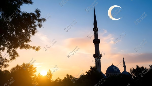 An image of a sunset scene featuring a mosque with a tall minaret and a blue dome on the horizon. The sky is adorned with thin clouds and a large glowing crescent moon. Trees and their shadows surround the mosque in the foreground.