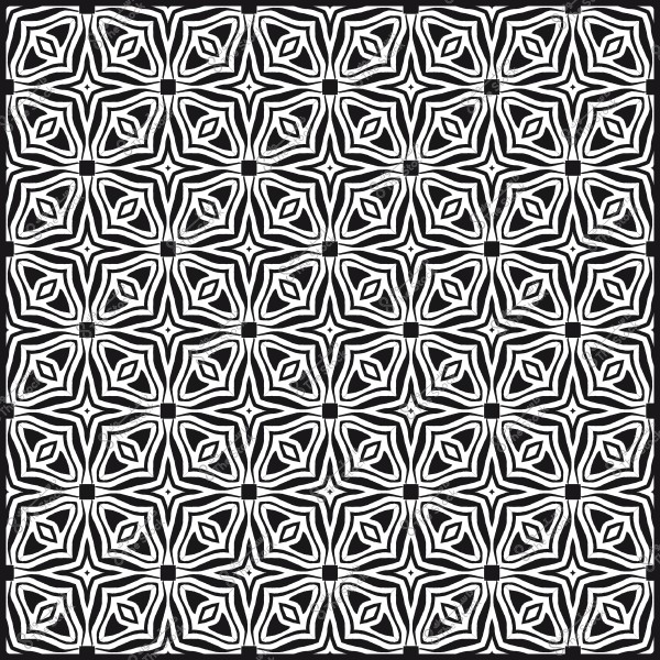 Black and white pattern consisting of repeated shapes resembling stylized flowers in an organized grid.