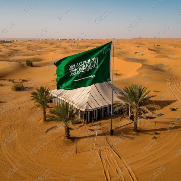Image of a traditional Arabian tent situated in the middle of a golden sandy desert, surrounded by palm trees with the Saudi flag waving prominently in the foreground. The horizon shows a light blue sky extending over several sand dunes. Vehicle tracks are visible in the sand around the tent.