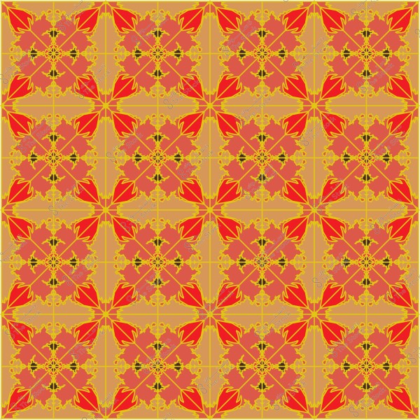 تصميم زخرفي ملون يتكون من أشكال هندسية ونباتية متكررة باللونين البرتقالي والأحمر.