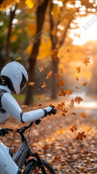 A robot riding a bicycle in an autumn forest, with yellow and orange leaves falling around. The sun casts golden rays through the trees in the background, creating a warm and vibrant atmosphere.