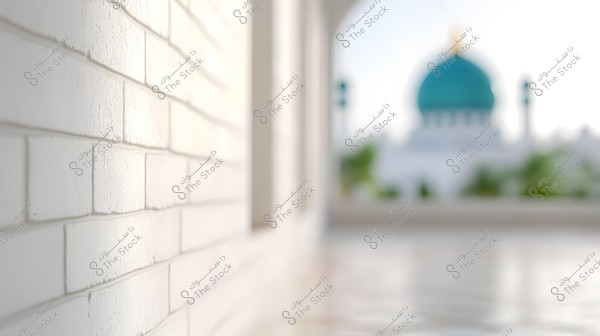The image depicts a white brick wall on the left side, with a blurred background showing a mosque dome in a bluish-green color and two minarets. There is shiny tiling on the floor in the foreground.