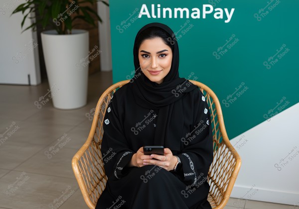A portrait of a woman sitting on a bamboo chair in a modern indoor setting. She is wearing a black abaya and hijab, smiling softly while holding a smartphone. Behind her, a wall with the text \"AlinmaPay\" in English, and a potted plant in a white container. The scene suggests themes related to technology or finance.