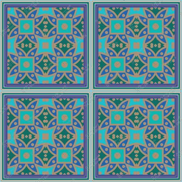 نمط فسيفساء بألوان زرقاء وخضراء وبرتقالية بتصميم هندسي متماثل.