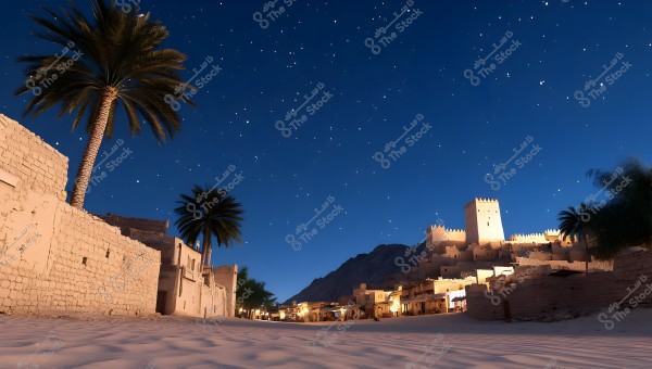 A nighttime scene of a traditional village, featuring buildings made of mud bricks surrounded by palm trees. In the background, there is an illuminated fort on a hill under a starry sky.