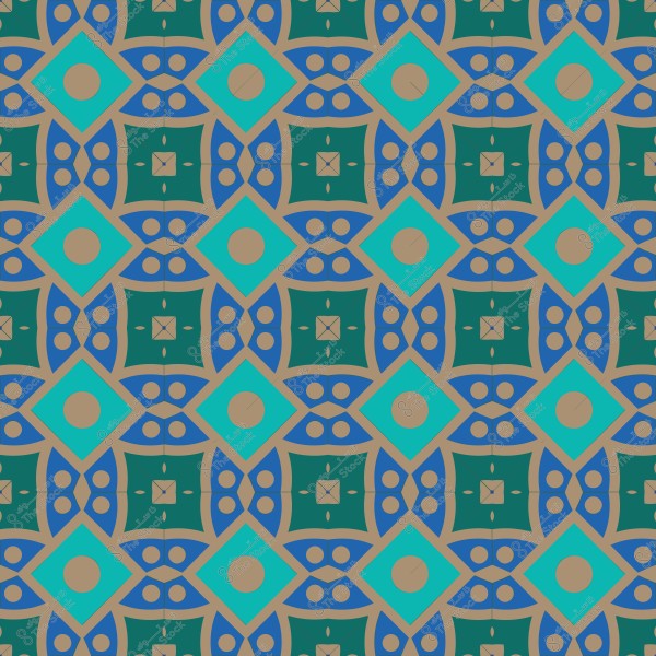 نمط زخرفي ملون بأشكال هندسية مكررة تتضمن دوائر ومربعات وتداخلات معقدة باللونين الأزرق والأخضر.