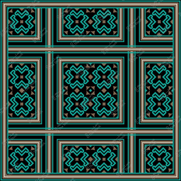 Geometric decorative pattern with interlocking blue and brown colors in square shapes.