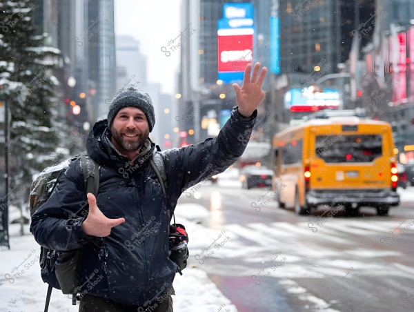 A man wearing a winter jacket and a knitted cap waves his hand in a busy snow-covered street. He carries a backpack, and behind him is a snow-covered pine tree and a yellow bus moving along the street. Bright lights and digital billboards adorn the tall buildings in the background.