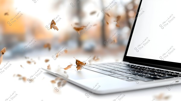 An image of a laptop with autumn leaves floating in the air. The laptop is shown at an angled perspective, highlighting its glossy surface and keyboard. In the blurred background, brown leaves are scattered, adding a sense of motion and an autumnal atmosphere to the scene.