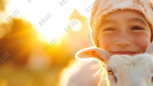Image of a smiling child next to a small goat. The child is wearing a simple head covering, and the golden sunlight bathes the background, providing a warm ambiance. The focus is on the faces, and the happiness is evident in the image.