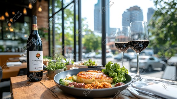 A bottle of red wine on a wooden table next to a plate featuring a gourmet meal with pieces of meat and fresh vegetables. There are also two glasses filled with red wine. The background displays a large glass window overlooking trees and urban buildings in daylight.