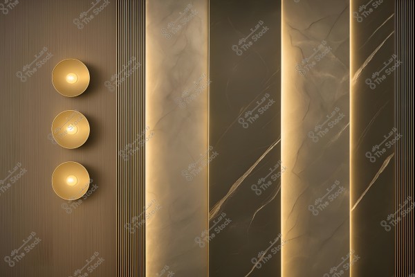 A modern interior design featuring a wall with decorative elements. On the left side, there are three vertically arranged circular golden lamps. The center section has wall panels in gradient shades of gold and brown with marble-like effects. Prominent vertical lines appear on the sides.