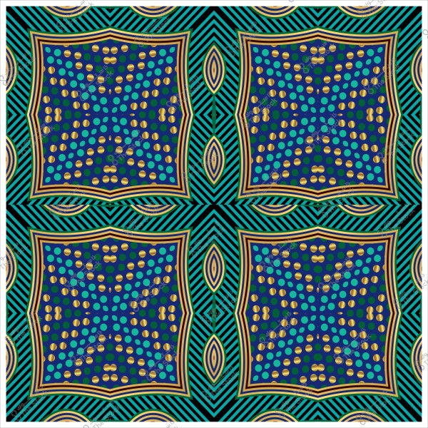 A colorful geometric pattern with blue, black, and gold shapes, repeated in four symmetrical squares.