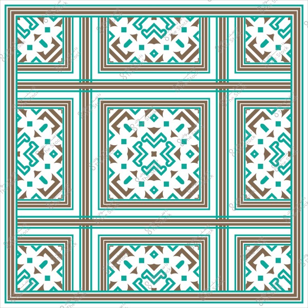 Interwoven Islamic geometric pattern in white, brown, and turquoise blue, consisting of various lines and shapes forming a repeated square design.