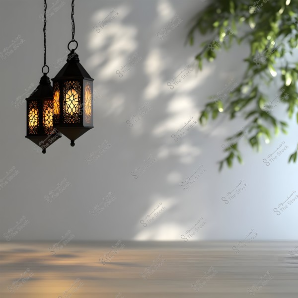 Two traditional Arabic lanterns hanging with warm lights against a white wall background, featuring the delicate shadow of a green tree branch on the right side. The light casts soft shadows on the surface below the lanterns.