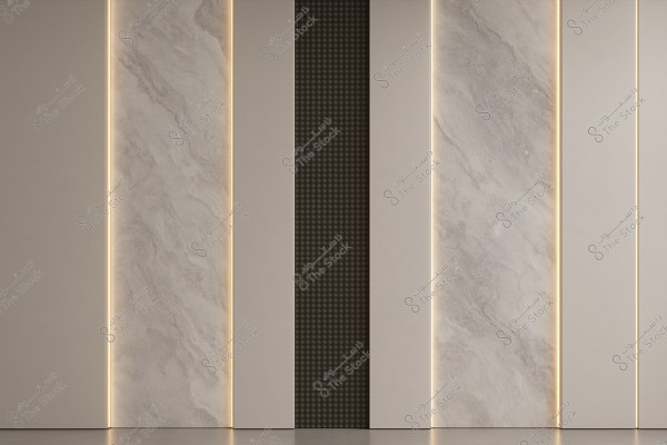A modern and stylish wall design featuring large panels in a dark beige color with gray marble inserts and warm backlighting. The central panel is dark with a subtle grid pattern.