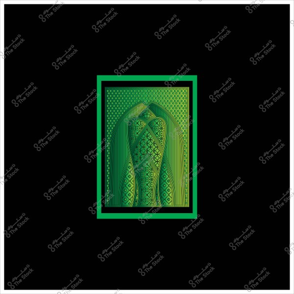 لوحة فنية رقمية بتصميم هندسي باللون الأخضر, تحتوي على أنماط متناسقة ودائرية في إطار مستطيل مع خلفية سوداء.