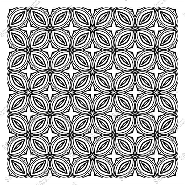 نمط هندسي باللونين الأسود والأبيض يتكون من أشكال مكررة تشبه الأزهار والنجوم.