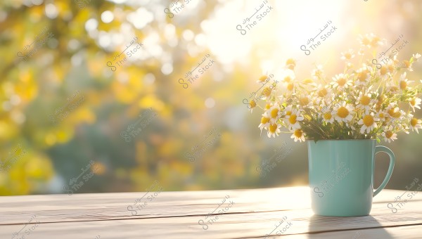 An image of a light blue cup containing a bouquet of white and yellow daisies. The cup is placed on a wooden table in warm sunlight. The background features light sparkle with a bokeh effect, adding a serene and natural ambiance to the image.