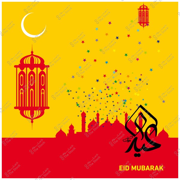 تصميم ملون لتهنئة عيد مبارك مع مصابيح وزخارف إسلامية وهلال على خلفية صفراء وحمراء.