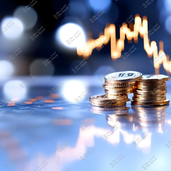 An image featuring a stack of golden coins on a reflective surface, with a blurred background showing glowing line graphs that point upwards, indicating growth or economic analysis.