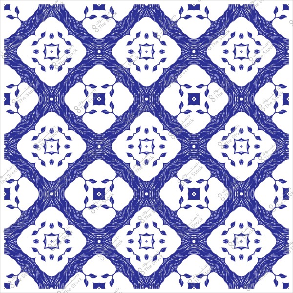 A blue and white geometric pattern with symmetrical design featuring geometric shapes and leaves.