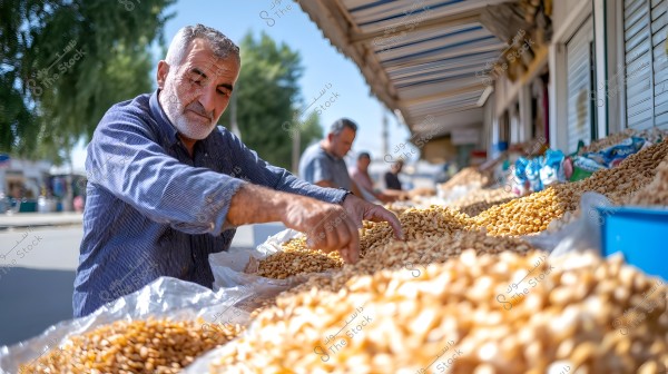 Image of a man standing at a stall in an open market, wearing a dark striped shirt, handling nuts and almonds displayed for sale on the table. Trees appear in the background, and the sky is clear.