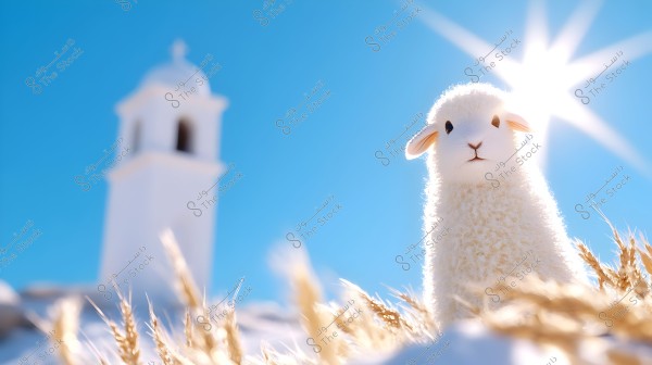 Image of a small lamb standing in a field of wheat under bright sunlight. The lamb has soft white fur and a cute face. In the background, there is a white church bell tower with a dome, and the sky is clear blue, giving a peaceful and serene atmosphere to the image.