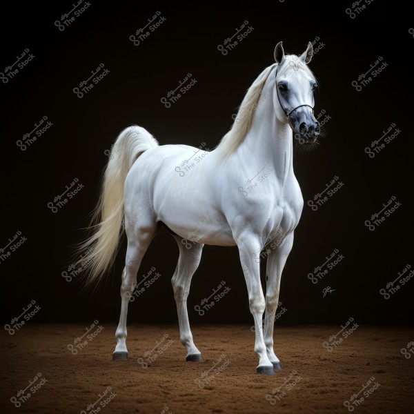 An image of a purebred Arabian horse with a white coat standing proudly on a brown sandy ground. The horse has a long, flowing mane and tail with elegant features and a strong physique. The background is dark, highlighting the horse prominently.