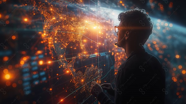 The image, designed with artificial intelligence, shows a person using an advanced holographic interface to analyze global market data, highlighting the role of technology in stock trading.