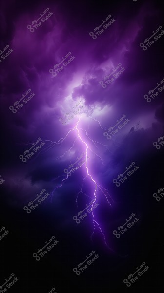 An image showing purple lightning illuminating a dark sky. Thick clouds surround the lightning, creating a dramatic atmosphere in the sky.