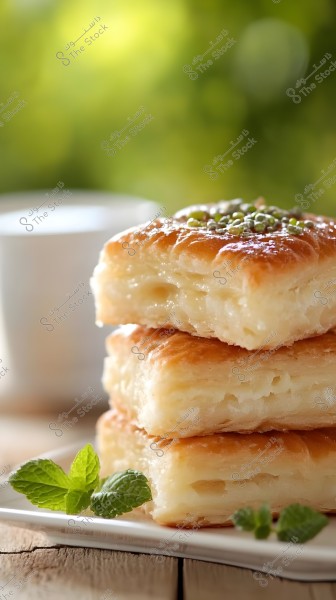 The image shows pieces of golden and crispy baklava topped with crushed pistachios, stacked on a white plate, with a sprig of fresh mint beside them. In the background, there is a blurred cup set against a green natural backdrop, adding a sense of freshness.