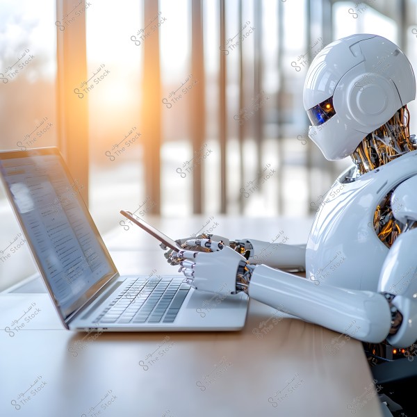 A robot sits in front of a laptop, holding a smartphone in its hand. The robot has a sleek metallic design with visible internal components through the gaps in its outer body. Soft sunlight filters in from the background, which features tall glass windows.