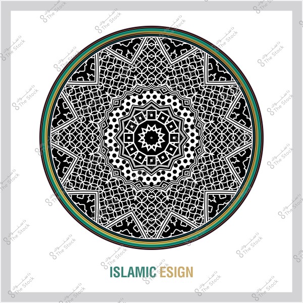 تصميم دائري باللونين الأسود والأبيض بنمط هندسي إسلامي تقليدي.