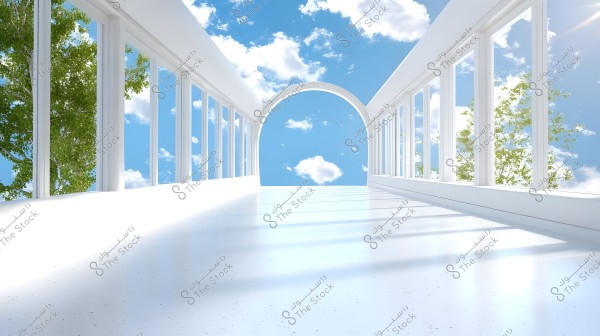 The image depicts an open outdoor hallway with a smooth, white, transparent floor, flanked by tall glass windows on both sides, ending in an arch at the end of the passageway. The sky is blue and clear with scattered white clouds, and green trees are visible outside the windows.